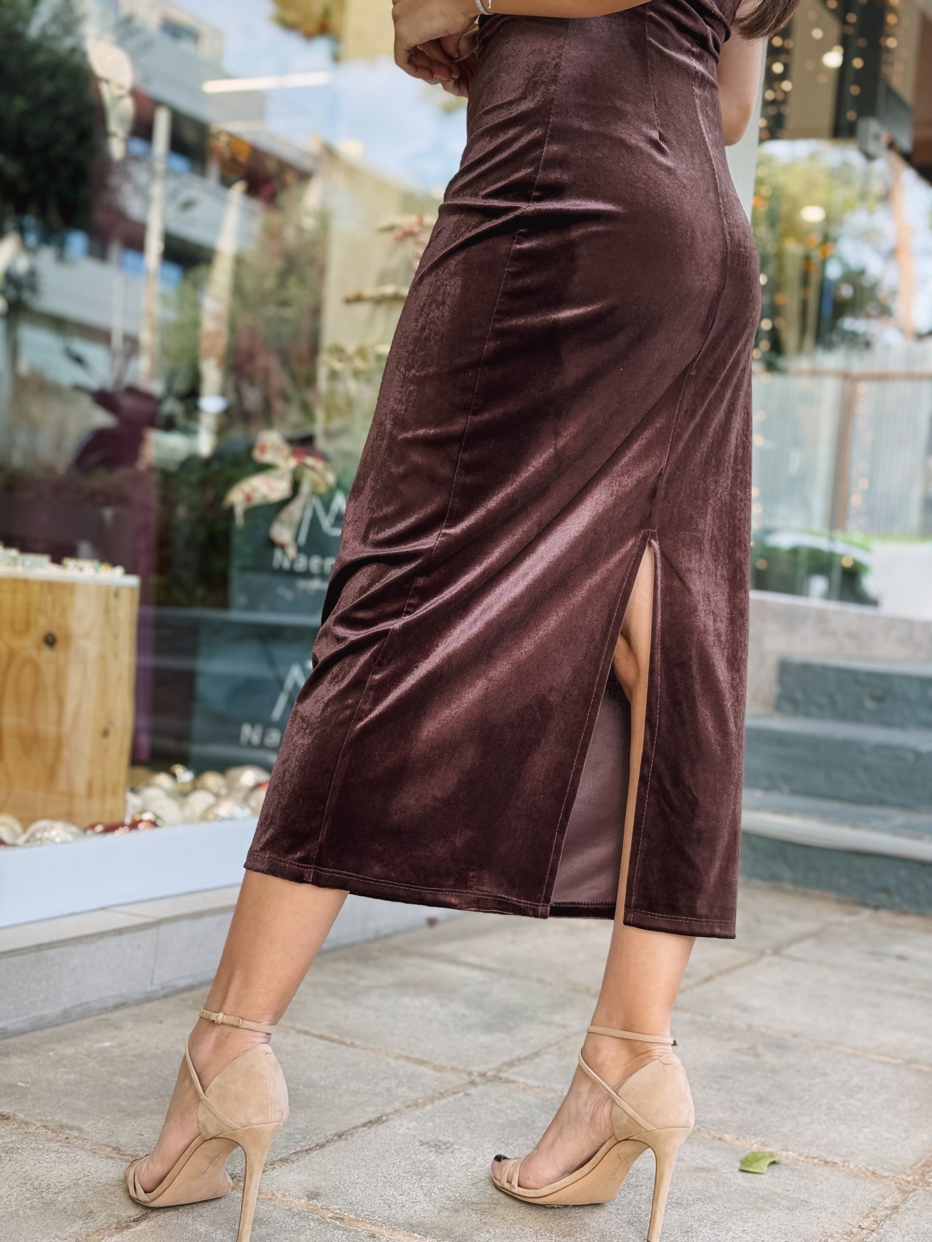 VELOUR MUSE MIDI BROWN DRESS