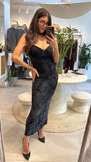 FLORAL VELVET BUSTIER MIDI BLACK DRESS