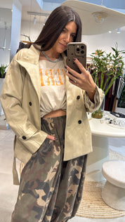 BEIGE LEATHER SHORT TRENCH JACKET