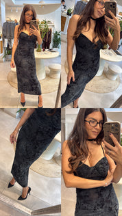 FLORAL VELVET BUSTIER MIDI BLACK DRESS