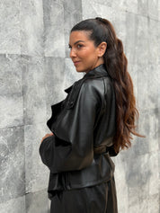 BLACK ECO LEATHER BELTED JACKET