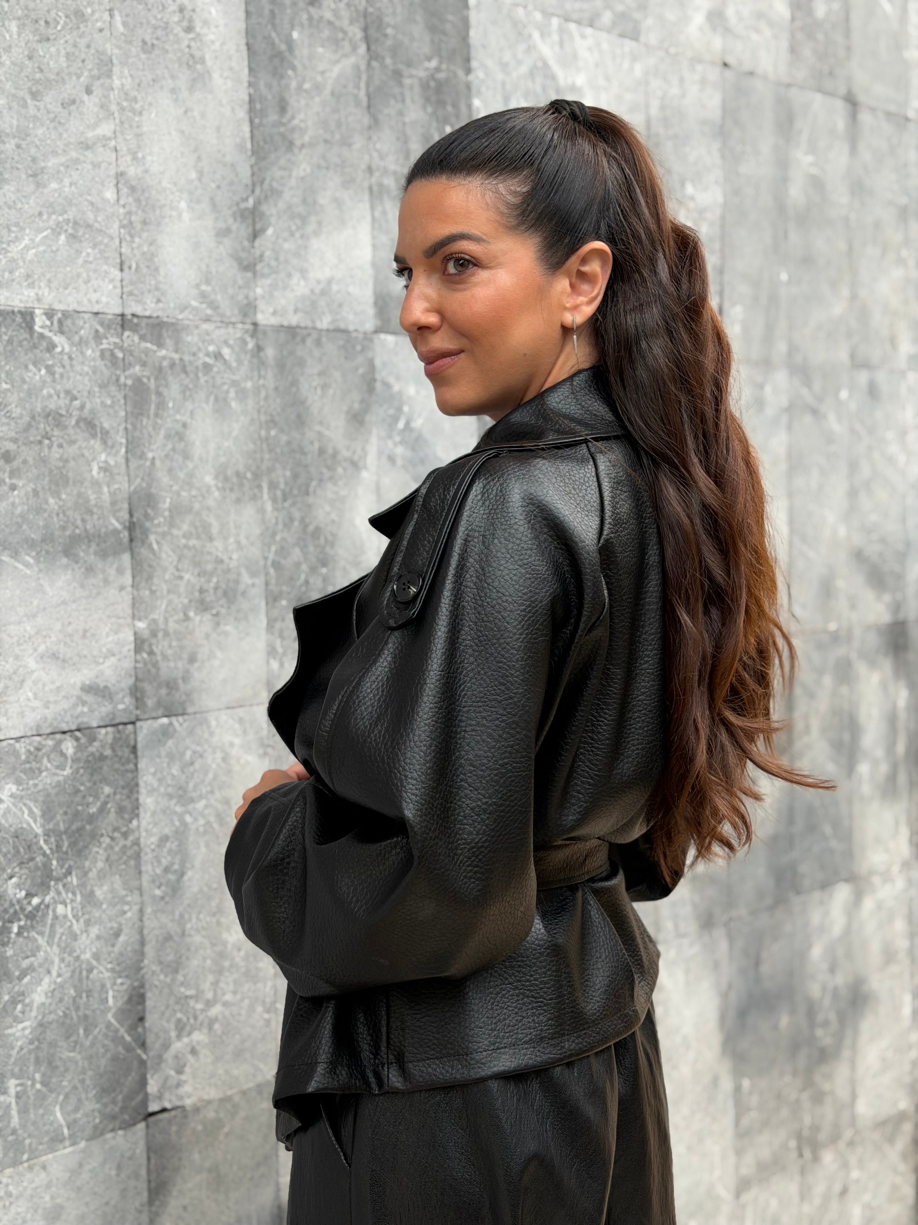 BLACK ECO LEATHER BELTED JACKET