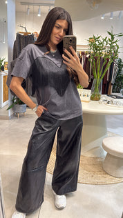 BLACK LEATHER WIDE-LEG TROUSERS