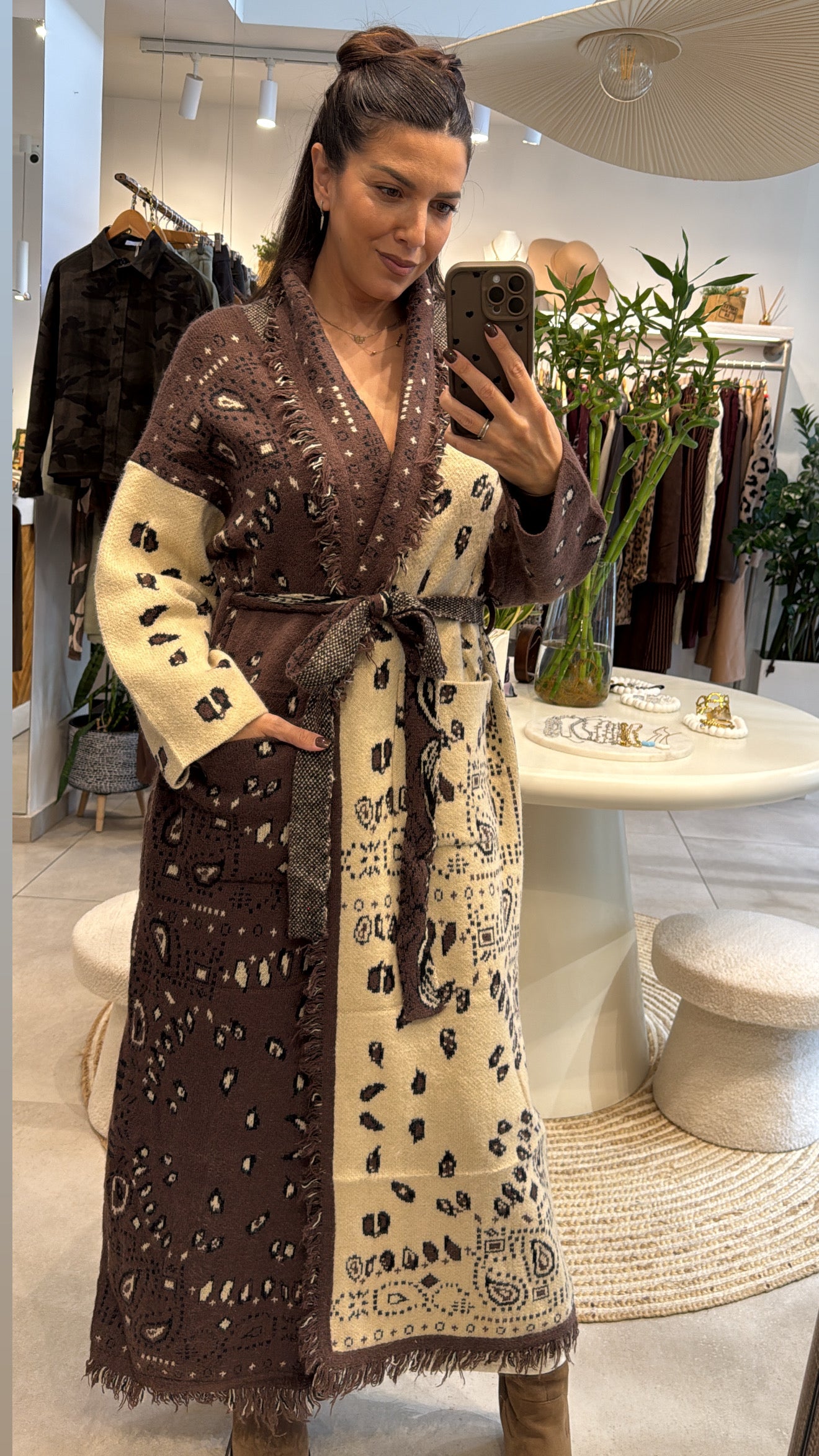 BANDANA PRINT KNITTED LONG CARDIGAN