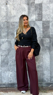 BURGUNDY PLEADED WIDE-LEG TROUSERS
