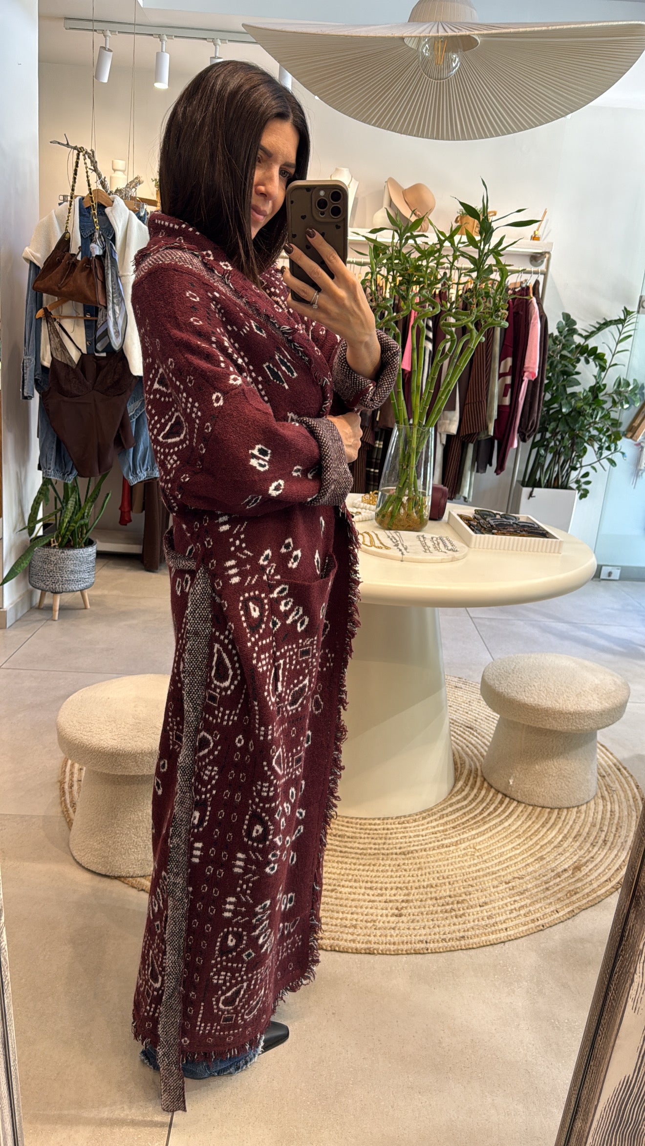 BURGUNDY BANDANA PRINT KNITTED LONG CARDIGAN