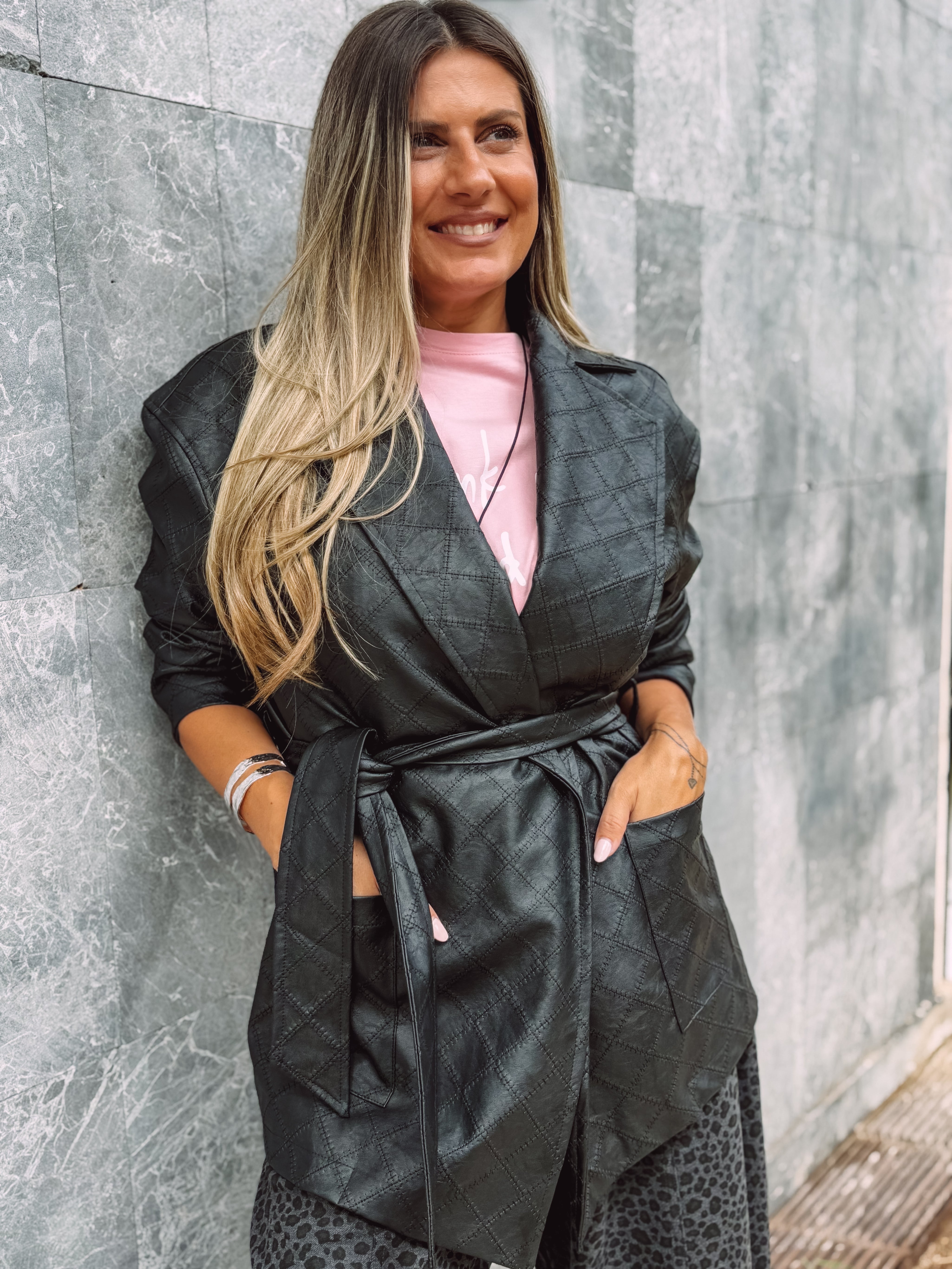 RAVEN QUILTED FAUX LEATHER BELTED JACKET