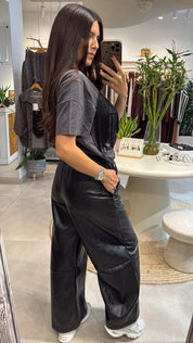 BLACK LEATHER WIDE-LEG TROUSERS