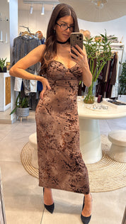 FLORAL VELVET BUSTIER MIDI BROWN DRESS