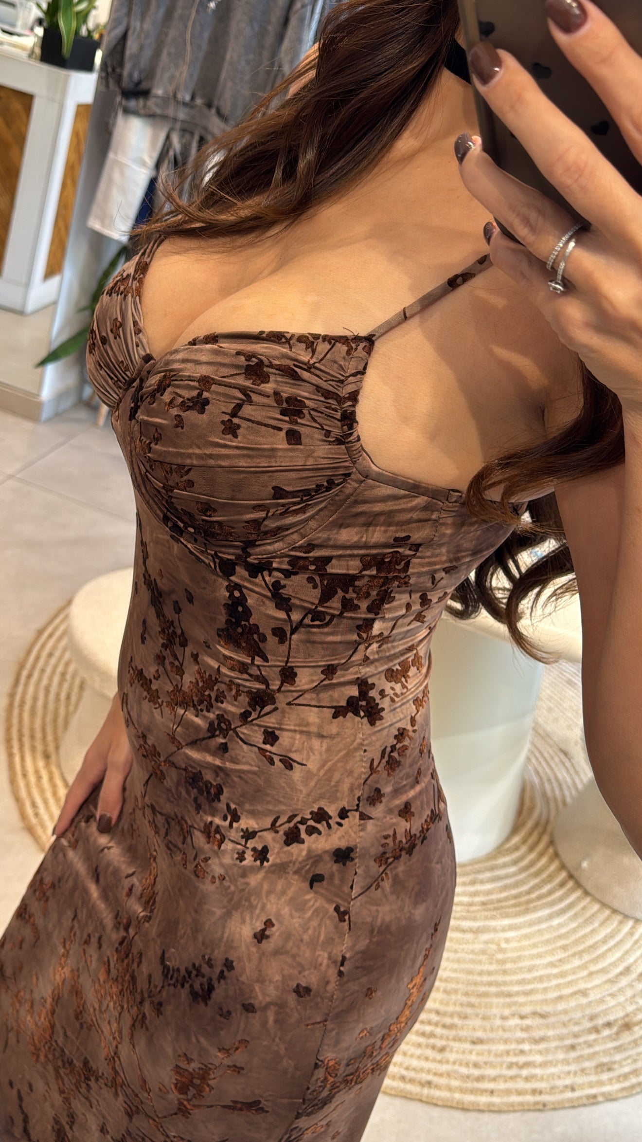 FLORAL VELVET BUSTIER MIDI BROWN DRESS