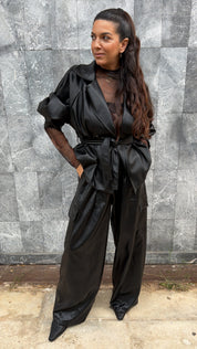 BLACK ECO LEATHER BELTED JACKET