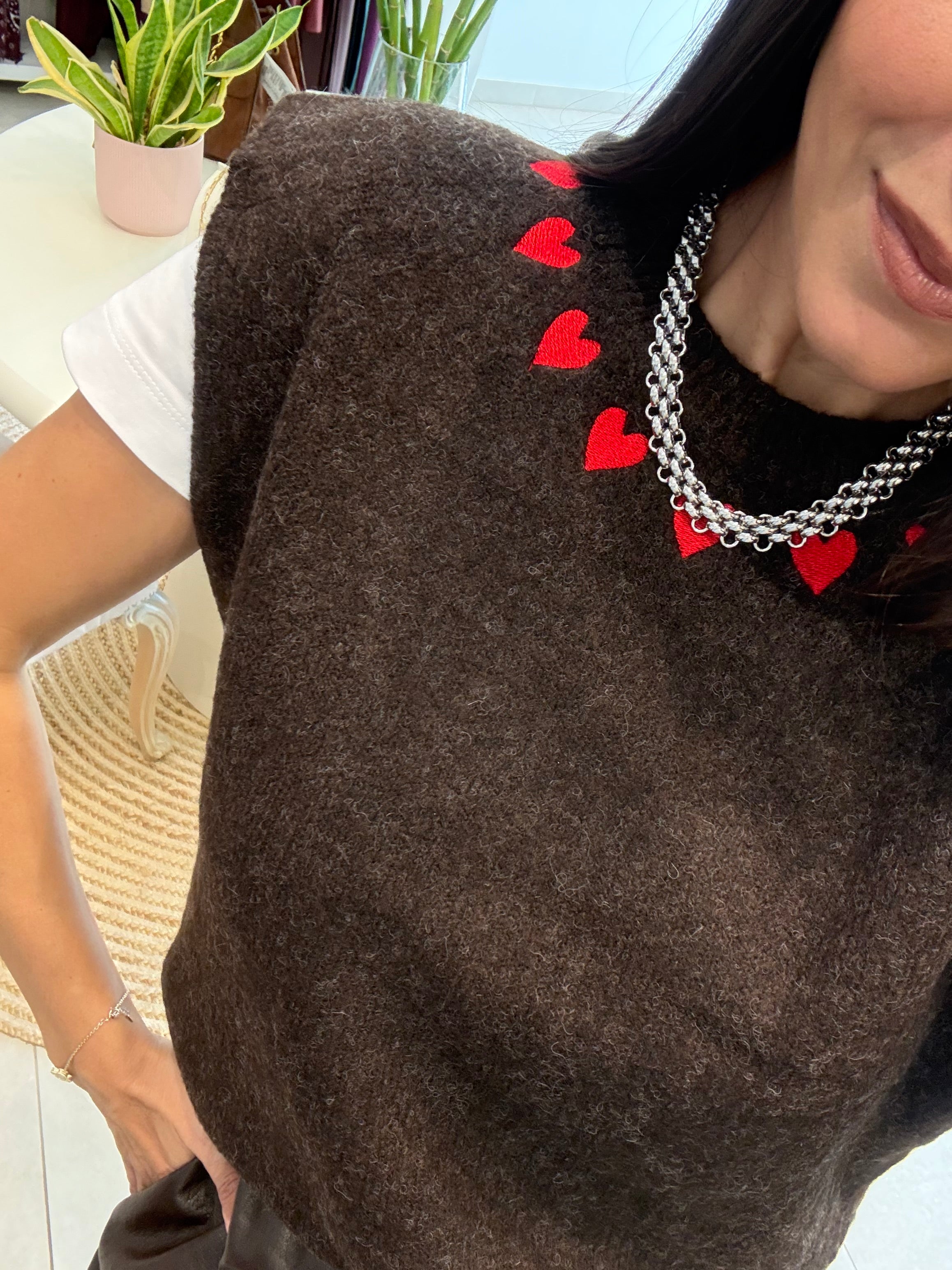 CHOCOLATE BROWN EMBROIDERED HEARTS KNITTED VEST