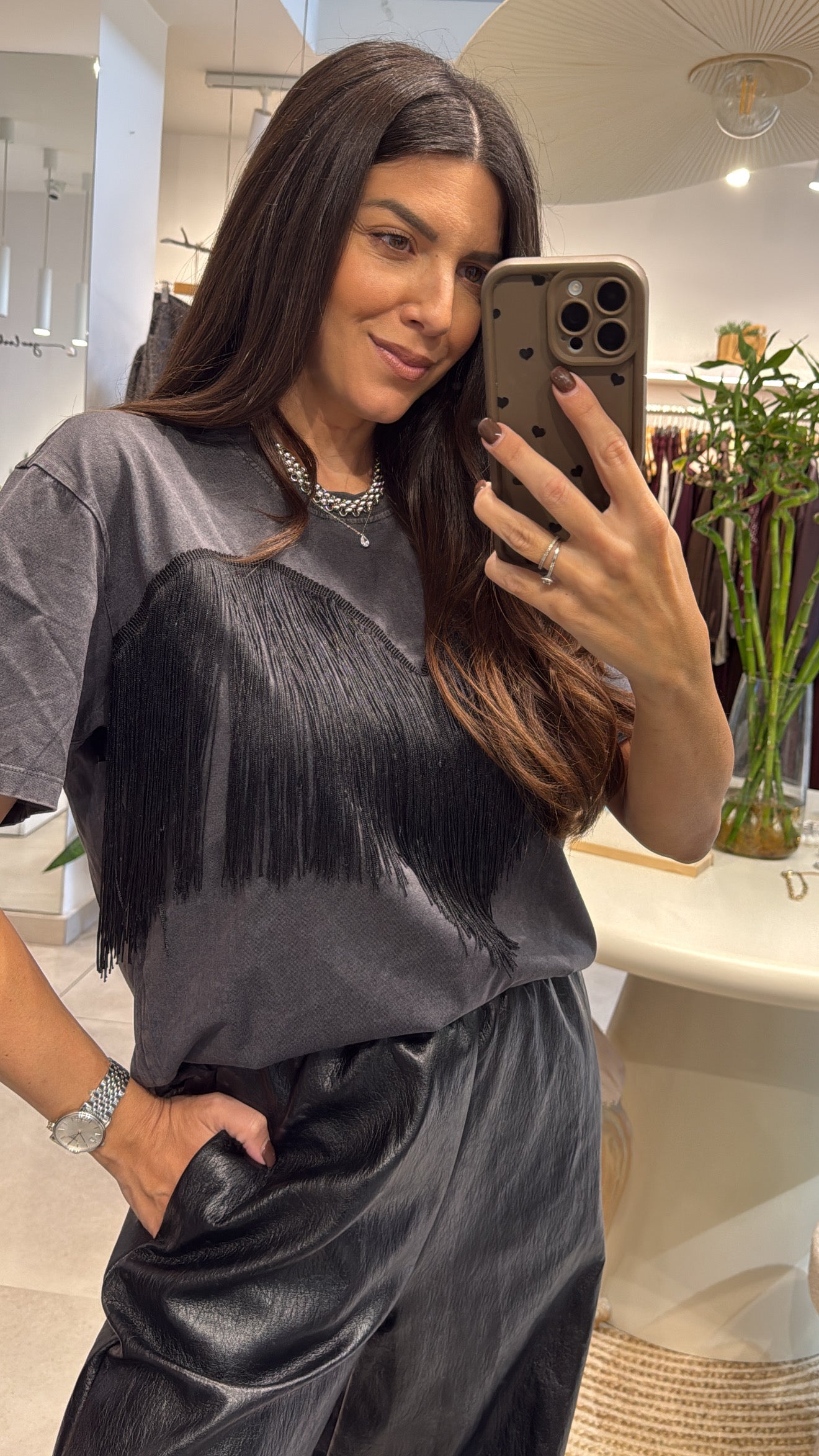CHARCOAL FRINGE WASHED T-SHIRT