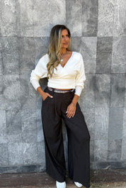 GREY PLEADED WIDE-LEG TROUSERS