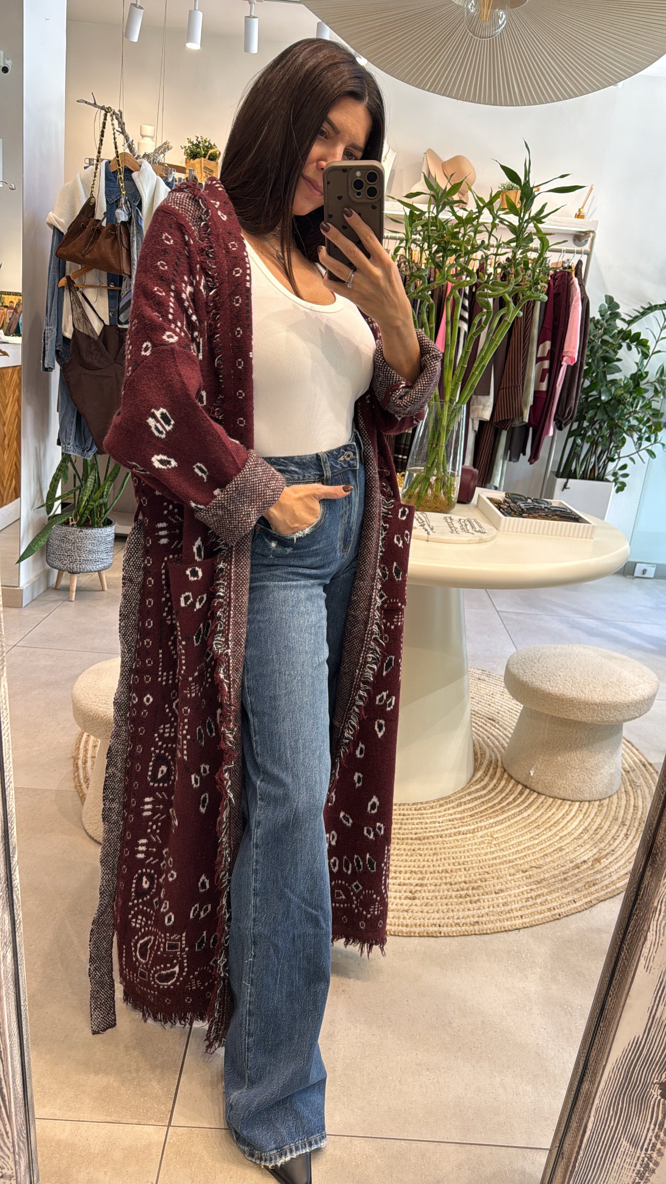 BURGUNDY BANDANA PRINT KNITTED LONG CARDIGAN
